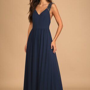 Lulus Passionate Promise Navy Blue Lace Strap V-neck Maxi Dress - Size S